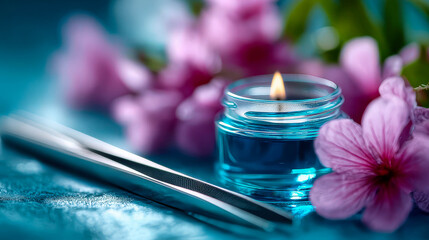 A serene flat lay featuring manicure tools, a lit candle, and fresh flowers. Ideal for promoting a tranquil nail salon experience, spa services, or DIY beauty