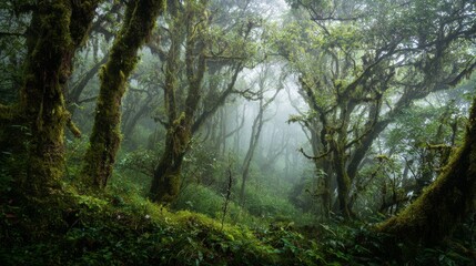 Fototapeta premium Cloud forest with moss-covered trees shrouded in mystical fog