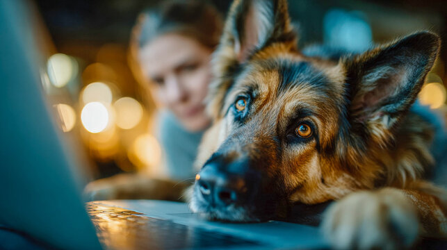 A freelancer works comfortably on a laptop at home with their dog resting nearby. Depicts modern remote work, work-life balance, and pet companionship in a cozy setting