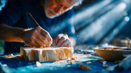 A focused senior man wearing a dust mask uses a chisel to carve a wooden sculpture in his home workshop, highlighting artisan craftsmanship and hobby
