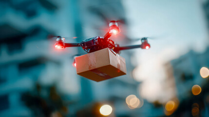 Futuristic delivery drone autonomously drops a package onto a high-rise city balcony. Represents fast logistics, e-commerce, and the future of urban shipping