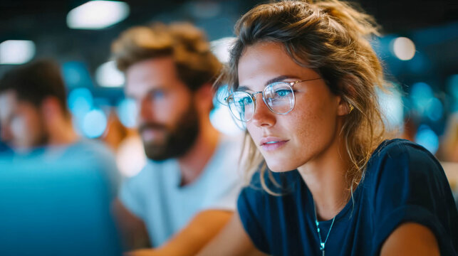 Diverse group of young professionals collaborating in a modern, open-plan coworking space. Focused on teamwork, startup culture, and dynamic business environment