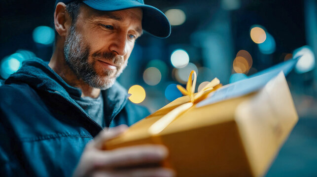 Courier delivers an online e-commerce order in a sustainable, eco-friendly cardboard package, highlighting responsible, modern, and green delivery service