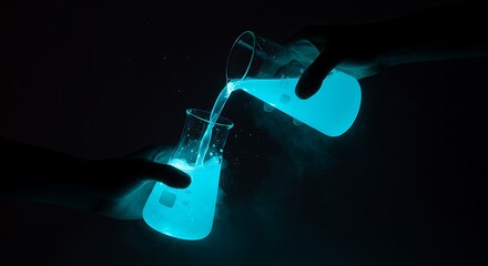 Hands pour glowing blue liquid between science lab beakers in dark