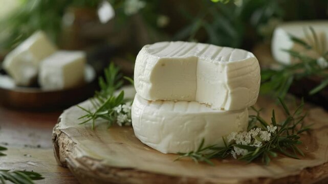 A platter of brie cheese cut into small pieces with sprigs of rosemary and dill garnish.