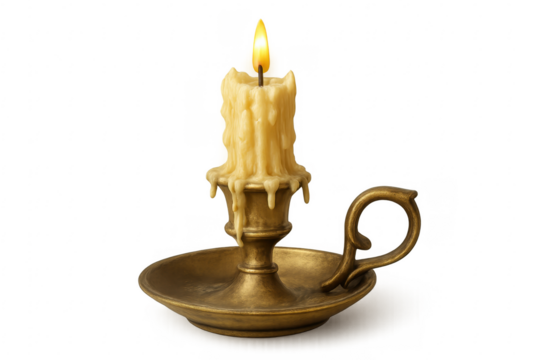 Vintage brass candlestick holding burning wax candle