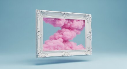 A white ornate picture frame displays a swirling pink cloud against a soft blue background