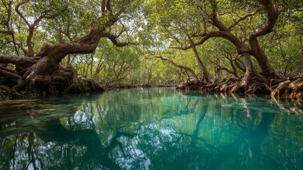 Mangrove forest with twisted roots and turquoise water reflections