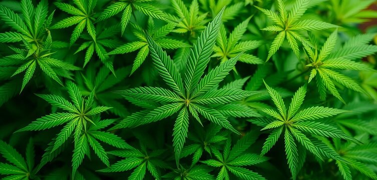 Intricate cannabis leaf pattern on vibrant green background,  hemp,  macro - Powered by Adobe