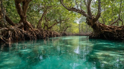 Mangrove forest with twisted roots and turquoise water reflections