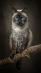 A captivating portrait of a Siamese cat, seated elegantly on a rustic branch, showcasing its striking blue eyes and intricate fur patterns against a sophisticated dark gray backdrop.