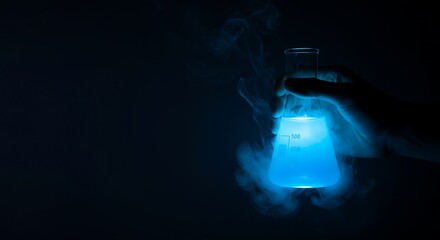 Hand holding glowing blue liquid in scientific beaker with swirling smoke