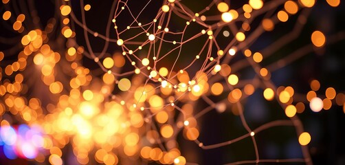Intricate web of glowing fairy lights, blurred bokeh effect, luminosity, illumination