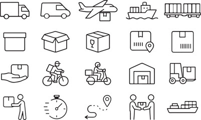 Fototapeta premium Delivery Line Icon Set Logistics, Shipping, Package, Truck, Airplane, Cargo, Courier, Warehouse and Fast Transportation
