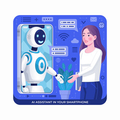 AI assistant in smartphone app interacting with user. Concept of digital assistant, chatbot, tech support, mobile technology and artificial intelligence. Flat design vector illustration.