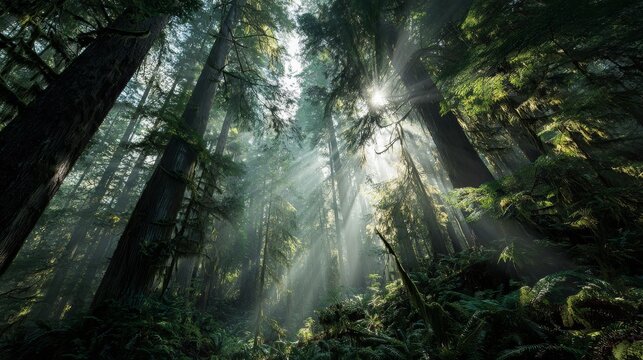 Misty temperate rainforest with towering ancient trees and sunlight beams