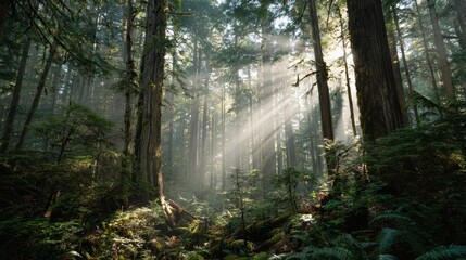 Fototapeta premium Misty temperate rainforest with towering ancient trees and sunlight beams