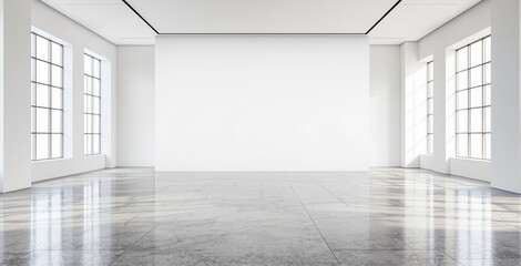 Fototapeta premium Spacious modern interior with large windows and empty white wall perfect for poster mockup or minimalist design concept presentation setup. Ai generative