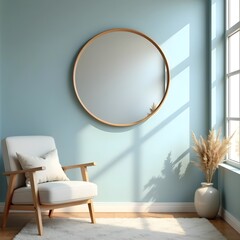 A round mirror on a blue wall