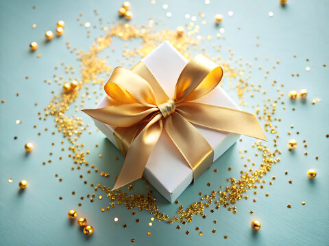 A white gift box with a golden ribbon and bow, surrounded by gold confetti and beads on a teal background