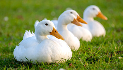 Obraz premium Four white ducks resting on green grass, with one facing the camera in sharp focus—evoking calm, nature, and peaceful rural charm.