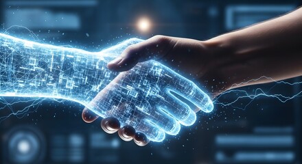 Futuristic handshake of human and digital hologram symbolizing man and machine connection in sci-fi style