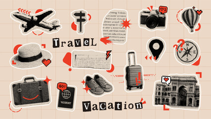 Travel and vacation themed grunge sticker collection. Journey planning concept with suitcase, airplane, camera, passport. © hiten666