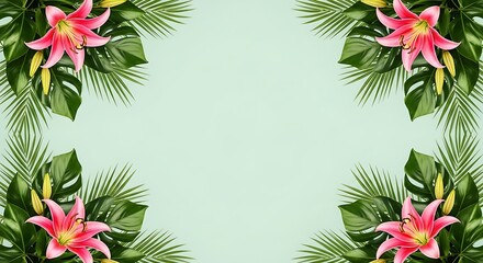 Tropical floral arrangement with pink lilies and lush green leaves on a light blue background