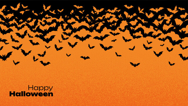 Black bat group flying on an orange sky background. Happy Halloween design for autumn holiday celebration. Spooky night flyer.
