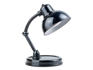 A black desk lamp with an adjustable arm and a round base, isolated on transparent background