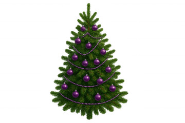 Fototapeta premium Christmas tree standing, adorned with shiny purple baubles and bead garlands, symbolizing joy and holiday spirit