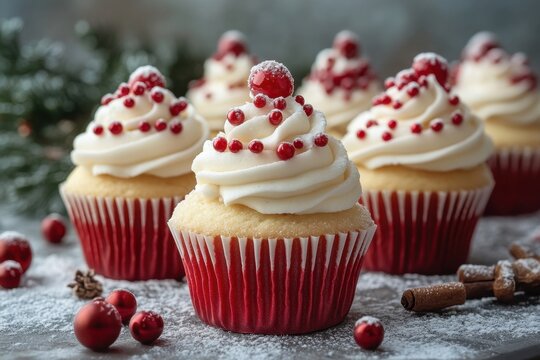 Cream-frosted cupcakes topped with cranberries.