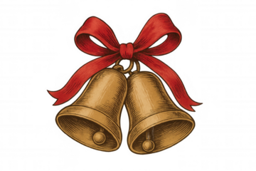 Christmas bells hanging from a red ribbon, celebrating seasonal holidays, vintage illustration, transparent background