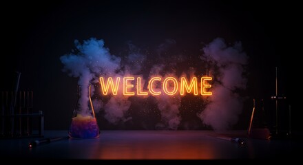 Neon WELCOME sign glows above science lab beakers with smoky atmosphere