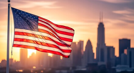 Naklejka premium American Flag Over City Skyline.