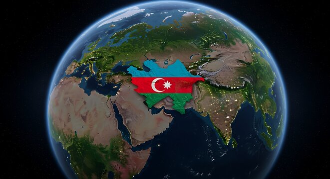 Azerbaijan highlighted on Earth from space, national flag overlay - Powered by Adobe