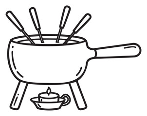 Line art of fondue pot with forks and candle for melting cheese or chocolate - stock vector