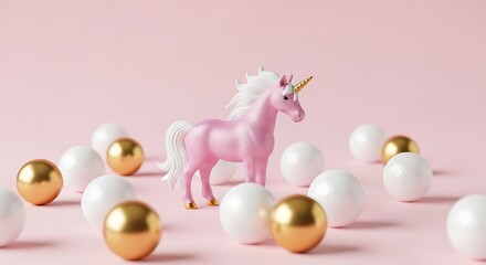A pink unicorn figurine surrounded by white and gold spheres on a pale pink background