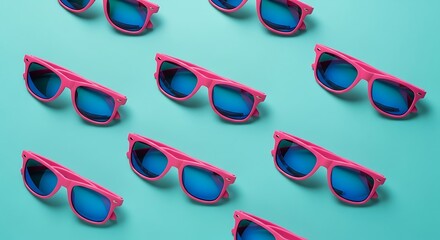 A repeating pattern of bright pink sunglasses with blue lenses on a teal background
