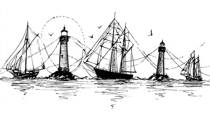 Obraz premium Ships and lighthouses illustration