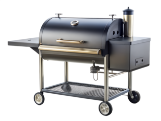 A black smoker grill with a chimney isolated on transparent background