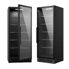 Tall glass door display refrigerators with interior lighting isolated on a transparent background shelves