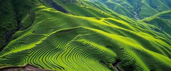 Fototapeta premium Rolling green tea terraces cascading down volcanic slopes, Sao Miguel, Azores, waves, organic