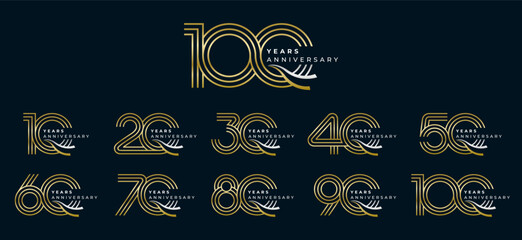 Set of modern vector logo designs for 10th to 100th anniversary with swoosh, in gold color for celebrations, weddings and birthdays