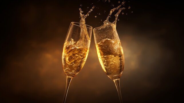 Two champagne glasses clinking together mid air with golden liquid splashing against a dark dramatic backdrop evoking ce