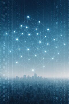 Abstract digital network connection over city skyline with binary code background concept
