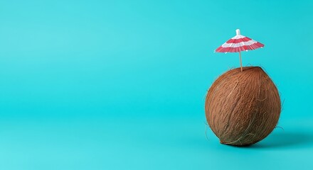 A whole coconut with a small striped umbrella on a bright turquoise background