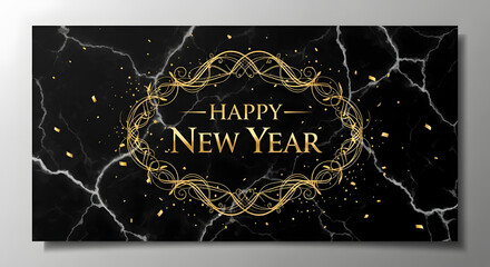 happy new year text on a black marble background with gold