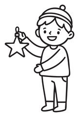 Young caucasian boy holding star ornament wearing winter hat and sweater - stock vector