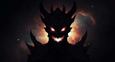 Dark dragon head against cosmic nebula background